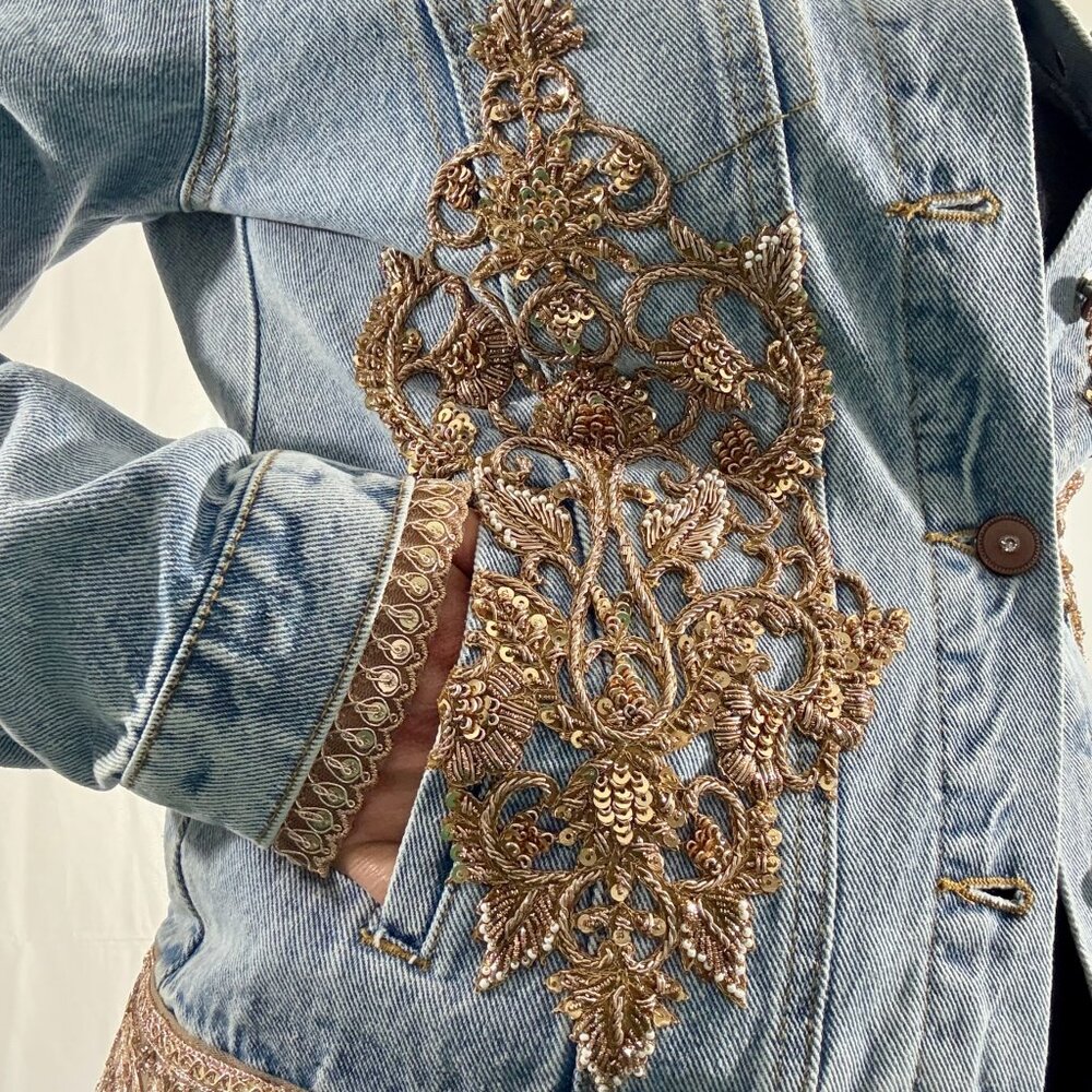 Denim Jacket Hand Embellished with appliqué, sequins, beads and embroidery - Picture 7 of 17